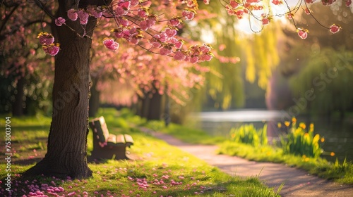 A serene park scene during springtime, featuring a blooming cherry blossom tree, a wooden bench, and a winding pathway leading towards a pond. Spring mockup concept. photo