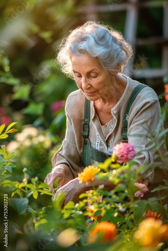 A beautiful senior woman tending to vibrant flowers in a backyard garden oasis. Surrounded by lush greenery and blooming blossoms. Active seniors lifestyle. © Anna Lurye