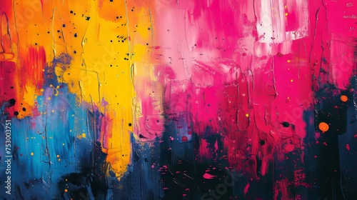A lively abstract background with bold brushstrokes and expressive paint splatters in vibrant colors