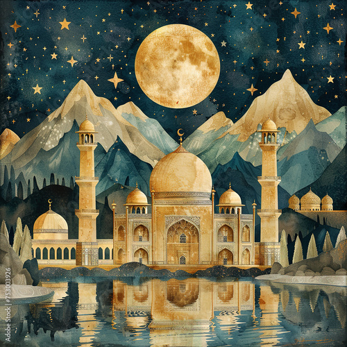 Artistic islamic background with painting style, classic style, painting mosque, moon and lanterns picture wall
