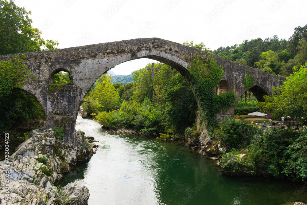 Beautiful view of the Roman bridge of Cangas de Onis. Asturias - Spain
