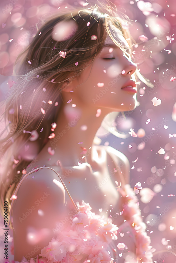 A fictional character with magenta hair stands amidst a pattern of pink petals, creating a visually captivating art piece in macro photography A fictional character with magenta hair stands amidst a pattern of pink petals, creating a visually captivating art piece in macro photography