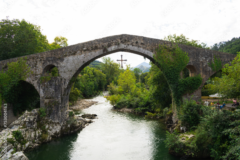 Roman bridge of Cangas de Onis over the river Sella. Asturias - Spain