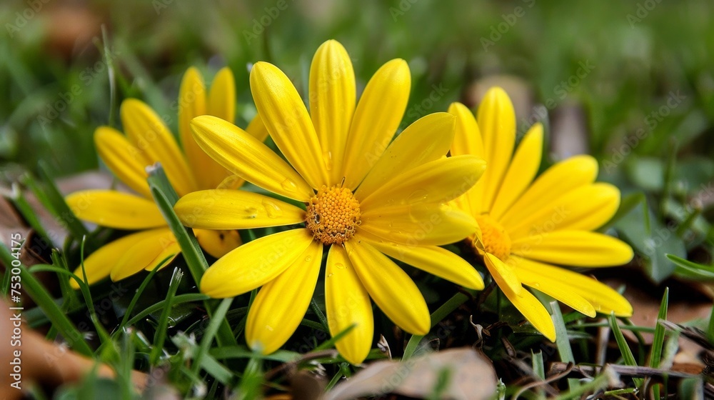Yellow daisies showcasing their vibrant petals against the green grass background, symbolizing spring and growth Yellow daisies showcasing their vibrant petals against the green grass background, symbolizing spring and growth