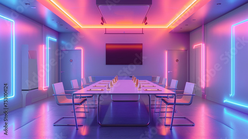 Isometric view of a tech-inspired meeting room with a sleek gray wall and neon accents.