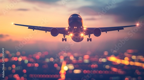 Commercial airplane landing at an airport with a glowing sunset in the background emphasizing travel and adventure