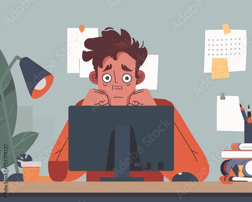 A depressed employee staring blankly at his computer overwhelmed by tasks illustrating the mental toll of continuous pressure and expectations