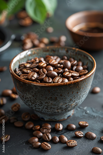 cup of roasted coffee beans on a dark background.