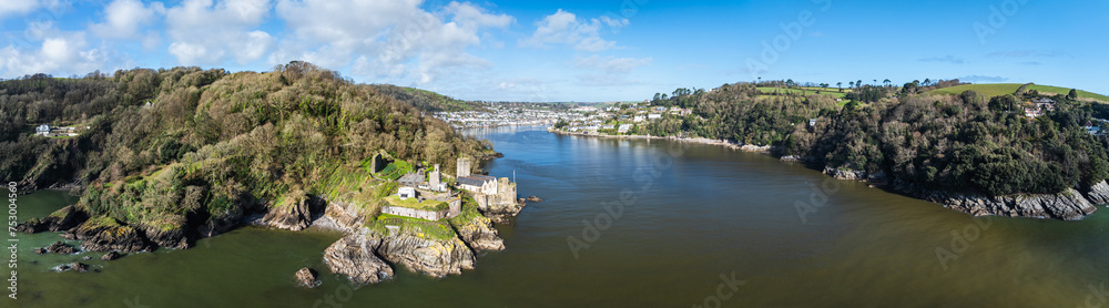 Panorama of Dartmouth Castle over River Dart from a drone, Dartmouth, Kingswear, Devon, England