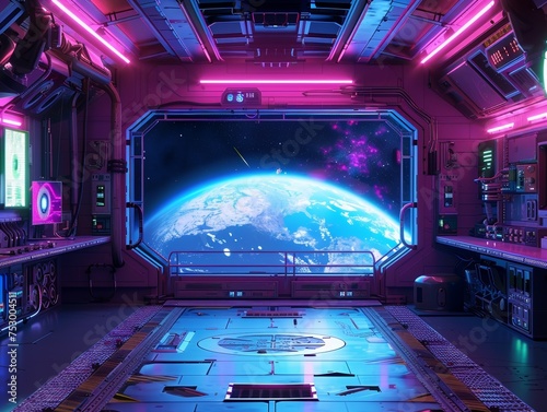 Product showcase cyberpunk neon spaceship room with Earth backdrop photo