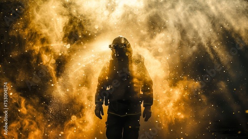 Bravery encapsulated as a firefighter confronts a massive fire, enveloped by flames and smoke