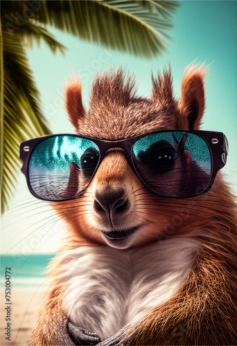 Portrait of Squirrel in sunglasses at the resort. AI generated