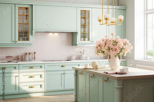 A cozy  minimalistic kitchen boasting a serene mint green color scheme with subtle hints of blush pink in its decorative elements.