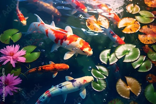 Dynamic Koi Pond with Water Lilies: A vibrant and dynamic shot of a koi pond, with colorful fish swimming amidst blooming water lilies.