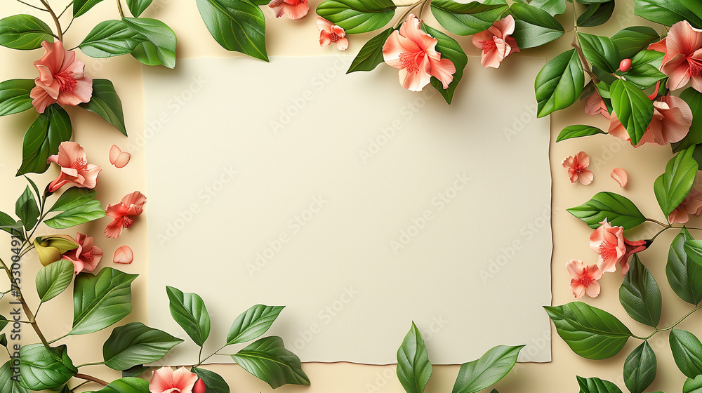 Summer background with tropical hibiscus flowers and green tropical palm leaves on green background. Flat lay, top view. Summer party backdrop Summer background with tropical hibiscus flowers and green tropical palm leaves on green background. Flat lay, top view. Summer party backdrop