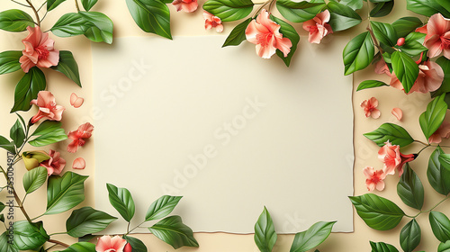 Summer background with tropical  hibiscus flowers and green tropical palm leaves on green background. Flat lay, top view. Summer party backdrop