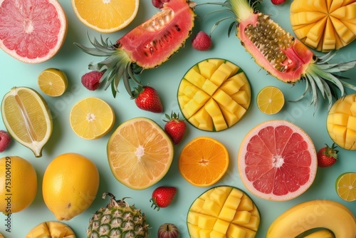 An artistic flat lay of exotic fruits cut in geometric shapes