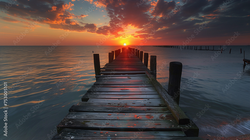 beautiful sunset on wooden pier over the sea - obrazy, fototapety, plakaty 