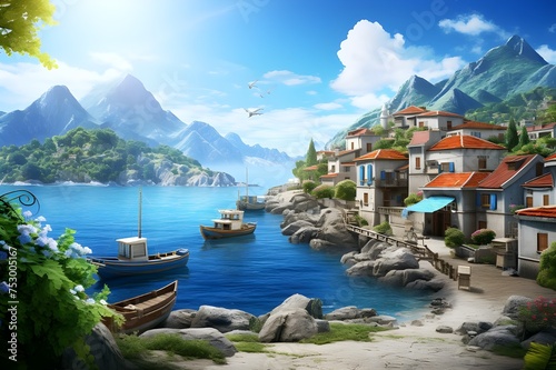 Quaint Coastal Fishing Village: A picturesque coastal village with colorful fishing boats and charming waterfront cottages, radiating seaside charm.