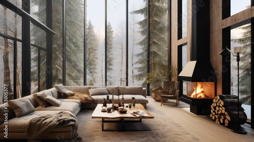 A cozy Nordic-inspired living room with a fireplace, surrounded by floor-to-ceiling windows, bringing the beauty of nature indoors