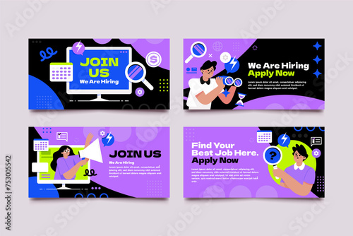 Flat job fair horizontal cards set collection with people searching vacant