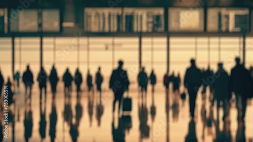 A blurred video captures the bustling silhouettes of travelers with luggage at an airport. photo