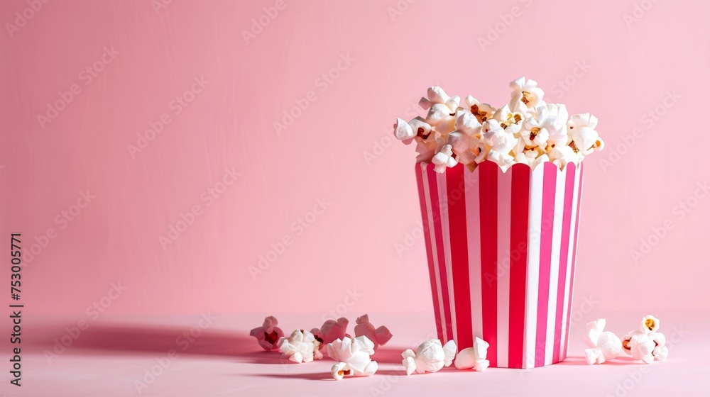 The vibrant image shows an overflowing popcorn bucket against a pink background