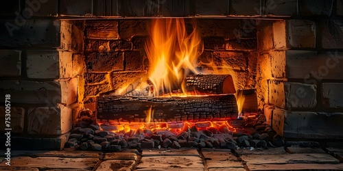 Inviting fireplace with warm glow emitting from crackling flames and logs. Concept Cozy Fireplace, Warm Glow, Crackling Flames, Inviting Atmosphere