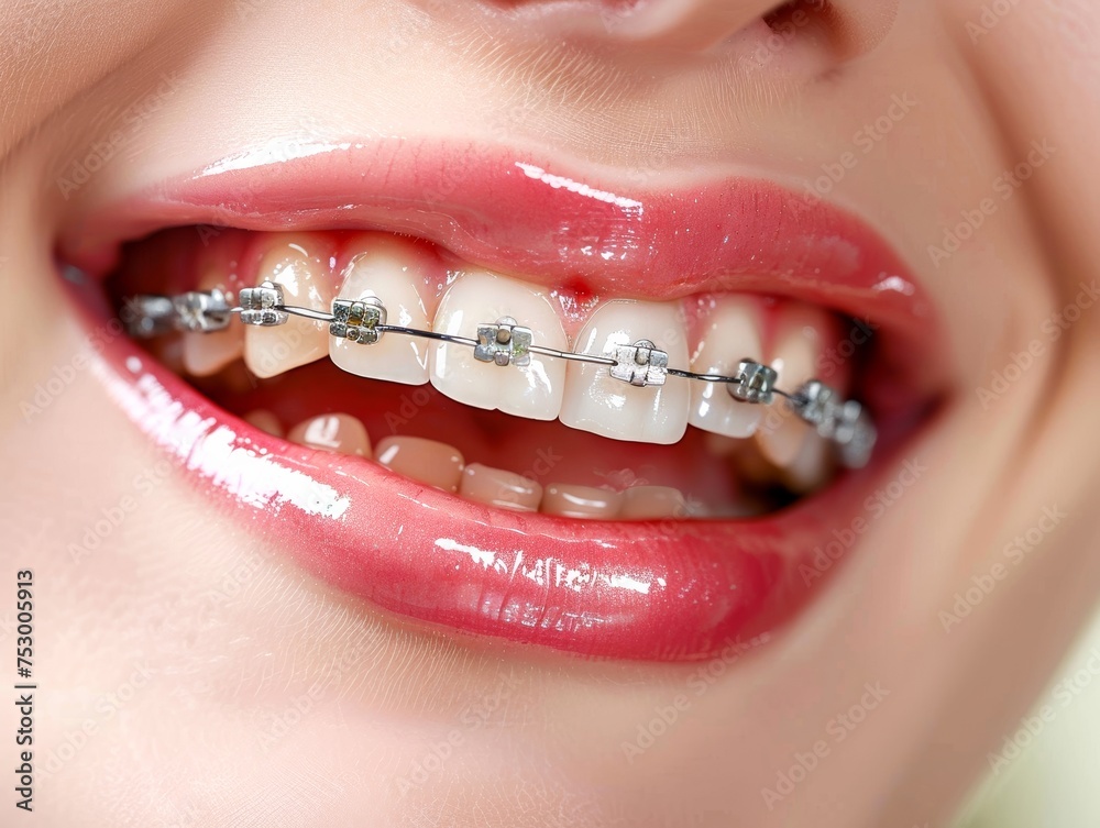 Obraz premium A detailed macro shot of dental braces fixed on clean white teeth, showing oral health care