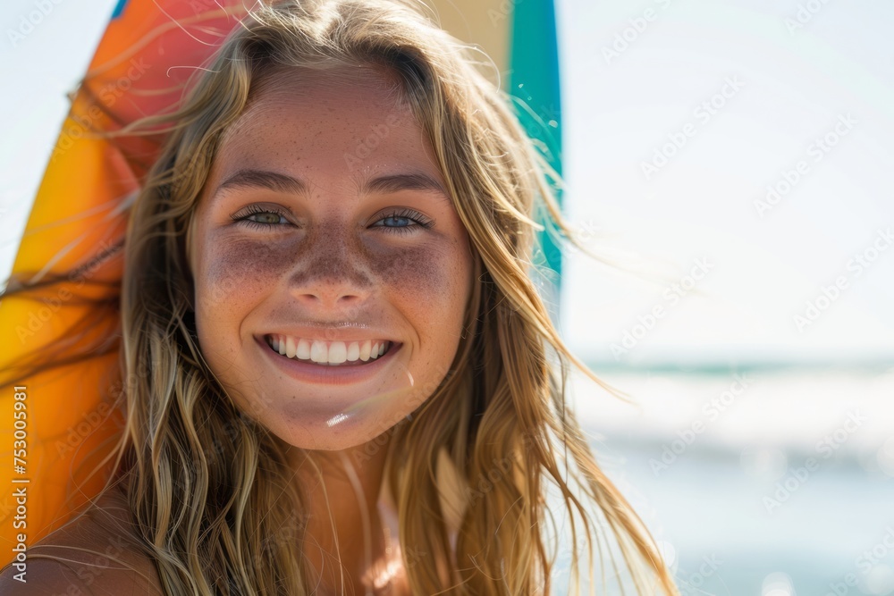 Close Up Of Healthy Happy Beautiful young Woman With Surfboard Having Fun By Sea