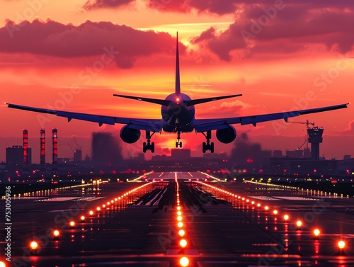 Commercial airplane lands on runway amidst glowing lights and a dramatic sunset, evoking travel and motion