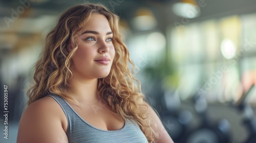 Happy overweight beautiful woman with curly hair on workout in a fitness club. Power training Dance training, aerobic workout, group training. Plus size woman in a gym, healthy concept. Сardio workout © KatyaPulina