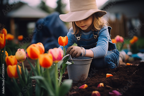 A little girl planting tulips in the garden #753006104