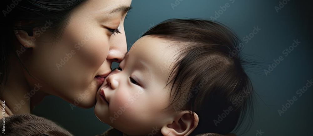 Mother bonding with her adorable infant by tenderly kissing its gentle cheeks Mother bonding with her adorable infant by tenderly kissing its gentle cheeks