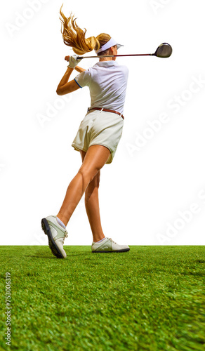 Beautiful, sportive, blonde, young girl with slim, fit body playing golf on grass, teeing off isolated on transparent background. Concept of sport, hobby, beauty and fashion, relaxation, game