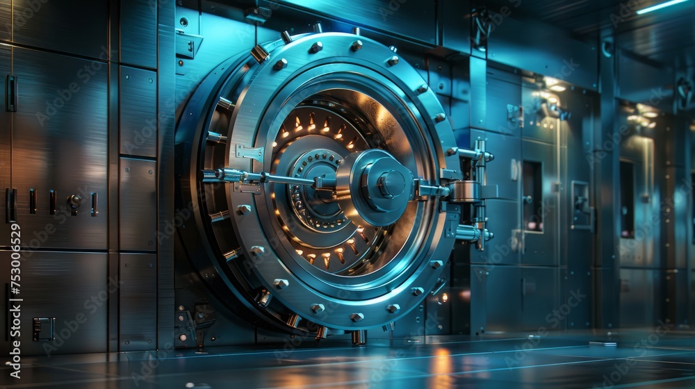 Secure Financial Technology Vault Door with Futuristic Interface. the concept of robust security measures in banking systems. - obrazy, fototapety, plakaty 
