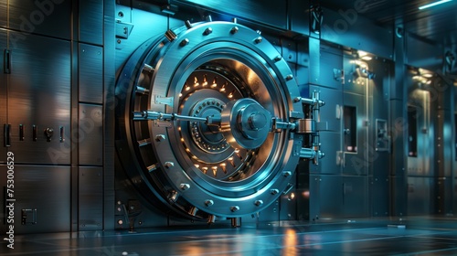 Secure Financial Technology Vault Door with Futuristic Interface. the concept of robust security measures in banking systems.