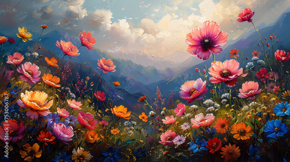 Flowers oil paintings landscape - obrazy, fototapety, plakaty 