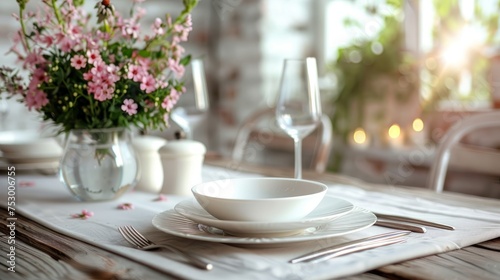 Table setting  white plate elegance in Pastel themed dinner party  soft wooden backdrop