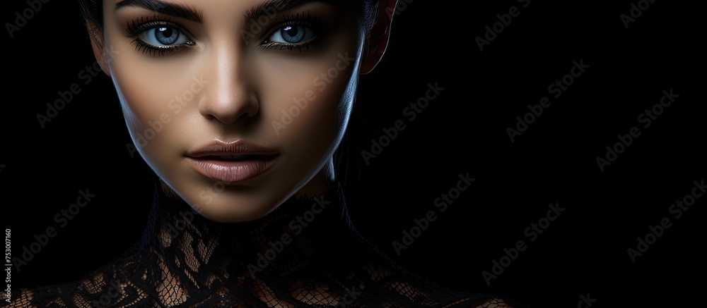 Elegant Woman in Black Dress Posing against Dramatic Black Background Elegant Woman in Black Dress Posing against Dramatic Black Background