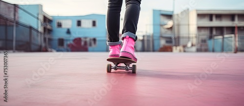 Youthful Skateboarder Cruising on Vibrant Red Surface at a Skate Park