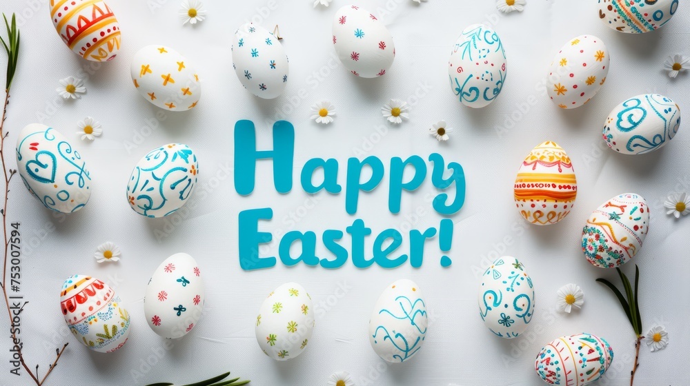 Happy Easter. Greeting banner postcard with decorative eggs in nest on white background.