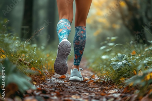 Close up of Low angle view of female legs in colorful uppers, a jogger or hiker feet wearing sports shoes on a mountain track. Trail running workout on rocky terrain outdoors, beautiful country road