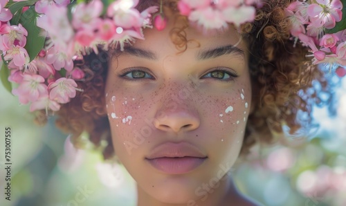 Portrait of a beautiful young african american woman with flowers in her hair