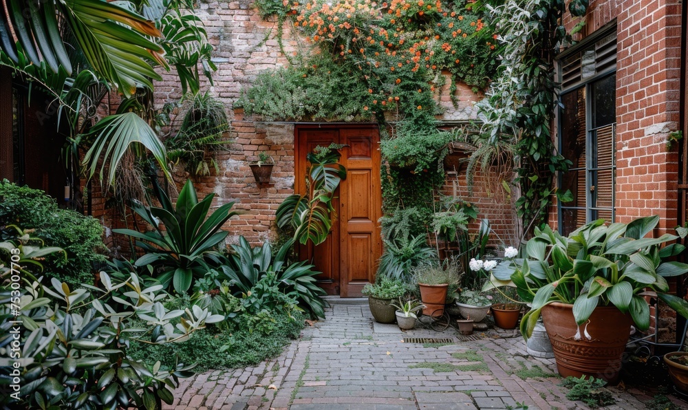 Obraz premium Wooden door in the courtyard of a house with plants and flowers