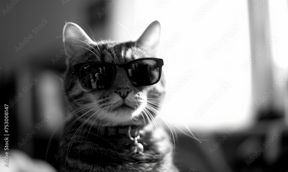 Black and white portrait of a cat wearing sunglasses. Selective focus.