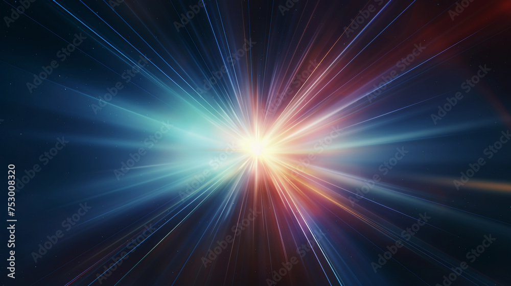Abstract sun burst, digital flare, iridescent glare, lens flare effects over black background for overlay designs 