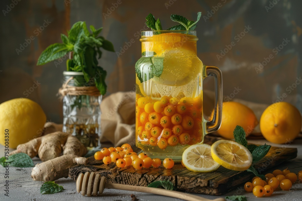Composition with detox drink, sea buckthorn berries, lemons, mint, ginger, honey in glass jar. Composition with detox drink, sea buckthorn berries, lemons, mint, ginger, honey in glass jar.