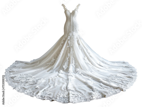 Elegant white bridal gown with lace details on transparent background - stock png.