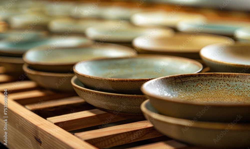 Obraz premium Ceramic tableware in a row. Selective focus.